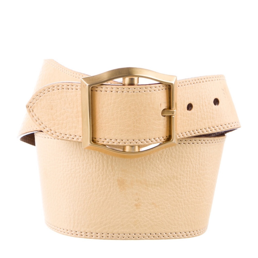 Jil Sander Beige Leather Belt with Oval Metal Buckle